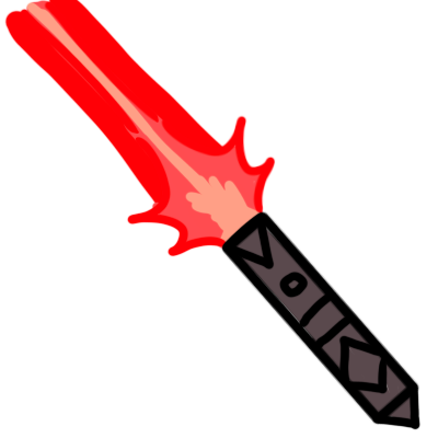 The dark grey, pointed hilt of an ignited red lightsaber.